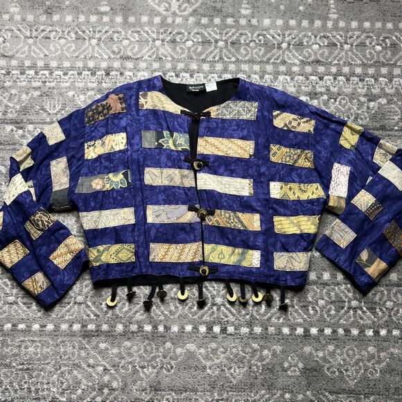 VTG 90s Nativewear Designs Crop Patchwork Jacket Large Coins Blue Boho Hippie - Picture 1 of 12